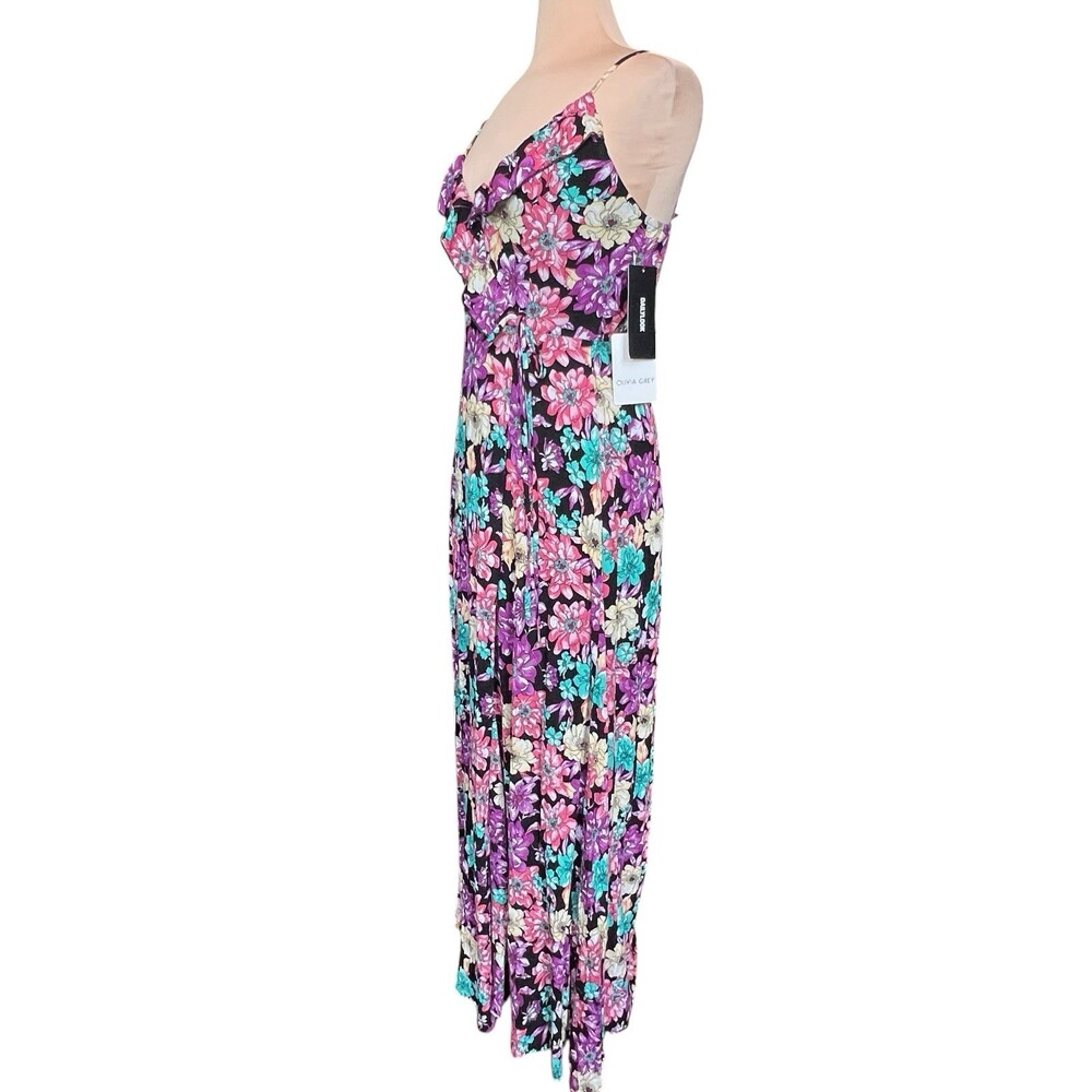 NWT Olivia Grey Floral Maxi Wrap Dress Small Black Pink Purple Ruffle Sleeveless - Picture 4 of 14